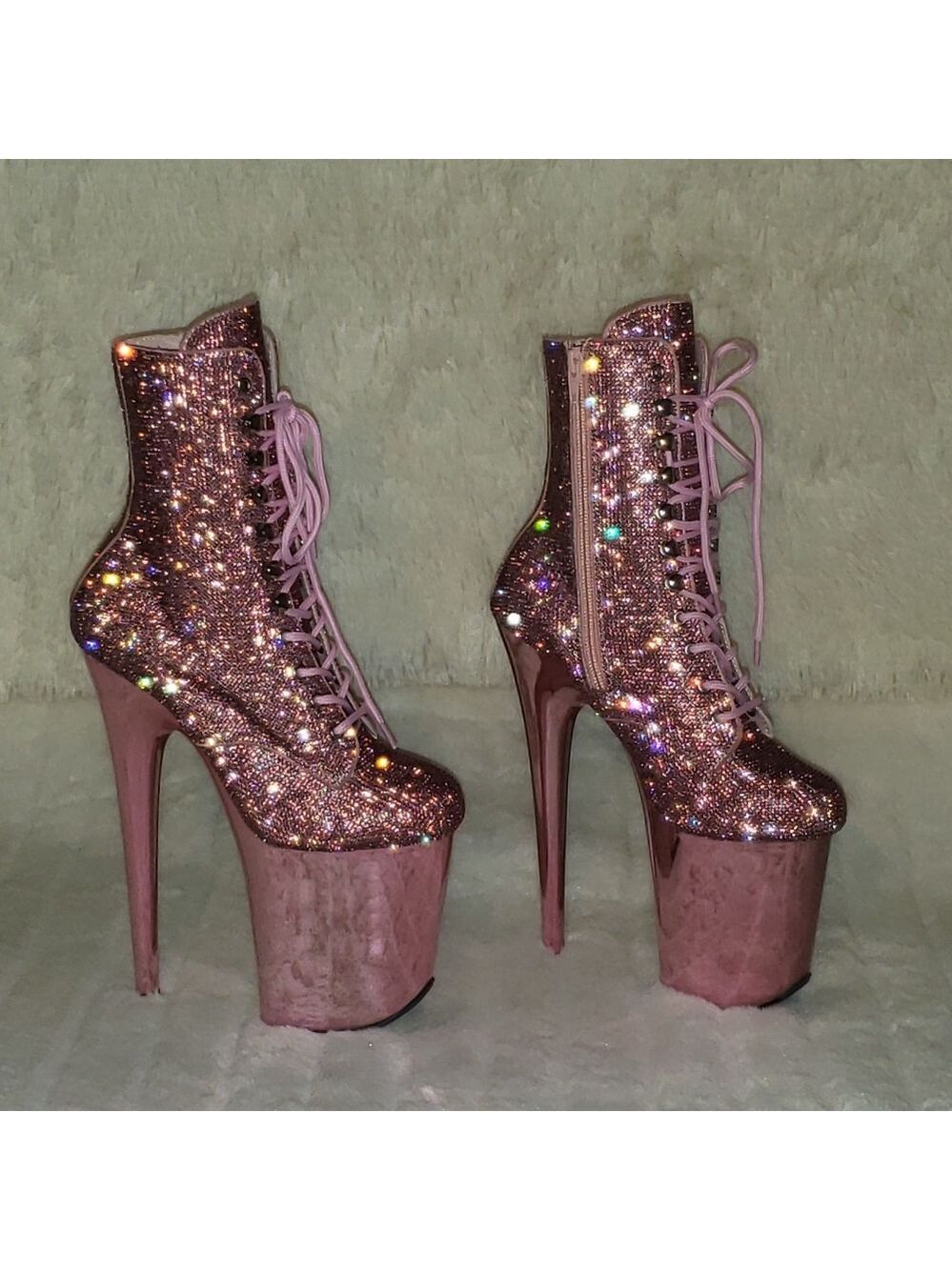 Bejeweled Baby Pink Rhinestone 8" Heel Platform Ankle Boots Flamingo